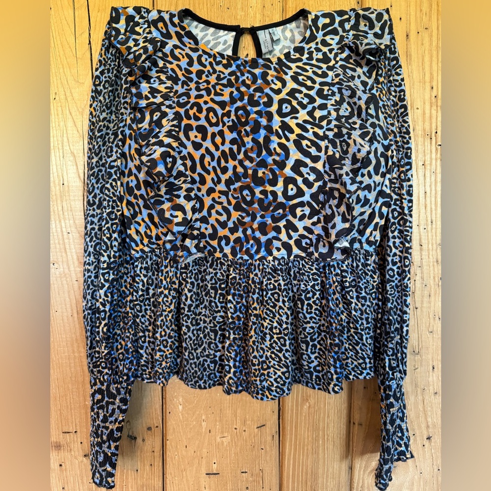 Blank London Anthropologie Animal Print Peplum Blouse Women’s XS